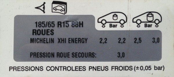 Citroen Xsara 185 65 R15 Tyre Pressure Placard