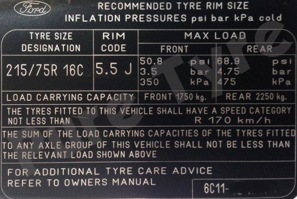 Ford Transit 2000 - 2013 21575R16 Tyre Pressure Placard
