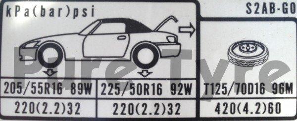 Honda S2000 Tyre Pressure Placard
