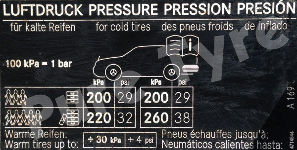 Mercedes A Class 169 Tyre Pressure Placard