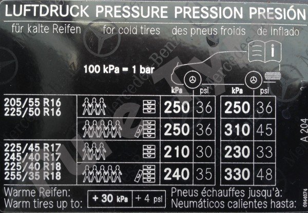 Mercedes C Class (204) Tyre Pressure Placard