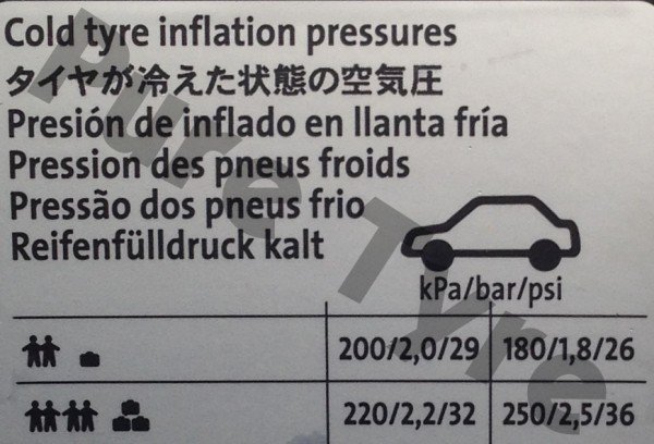 Volkswagen UP Tyre Pressure Placard