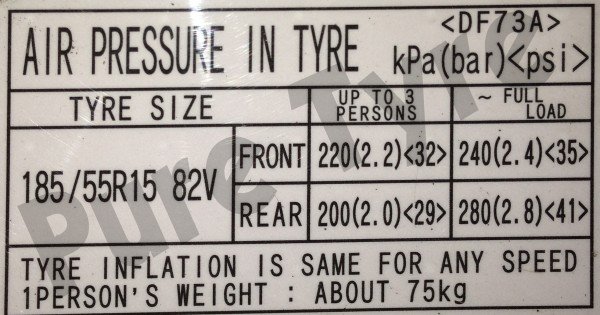 Mazda 2 18555R15 Tyre Pressure Placard
