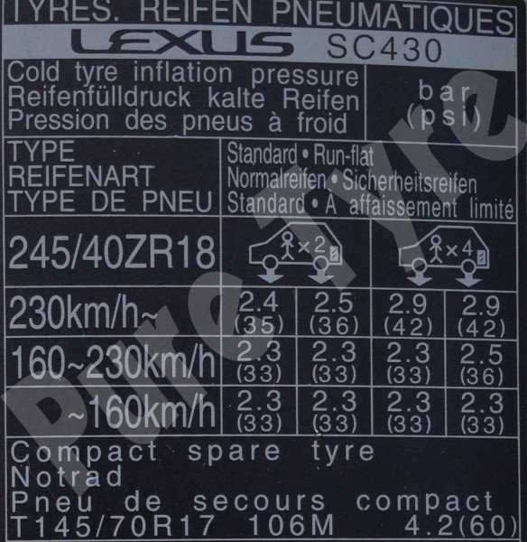 Lexus SC430 Tyre Pressure Placard