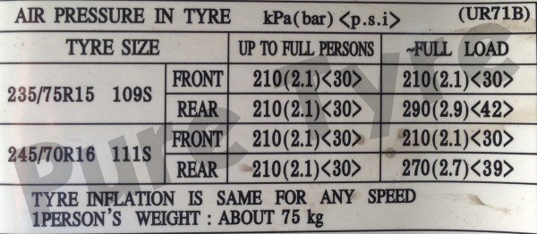 Mazda BT50 Tyre Pressure Placard