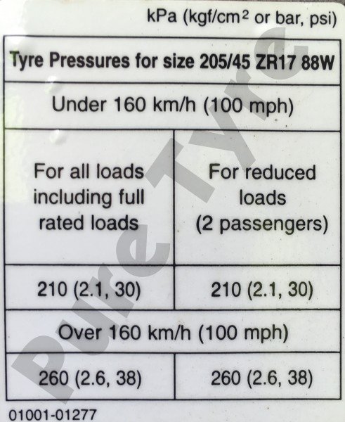 Toyota Celica 20545R17 Tyre Pressure Placard