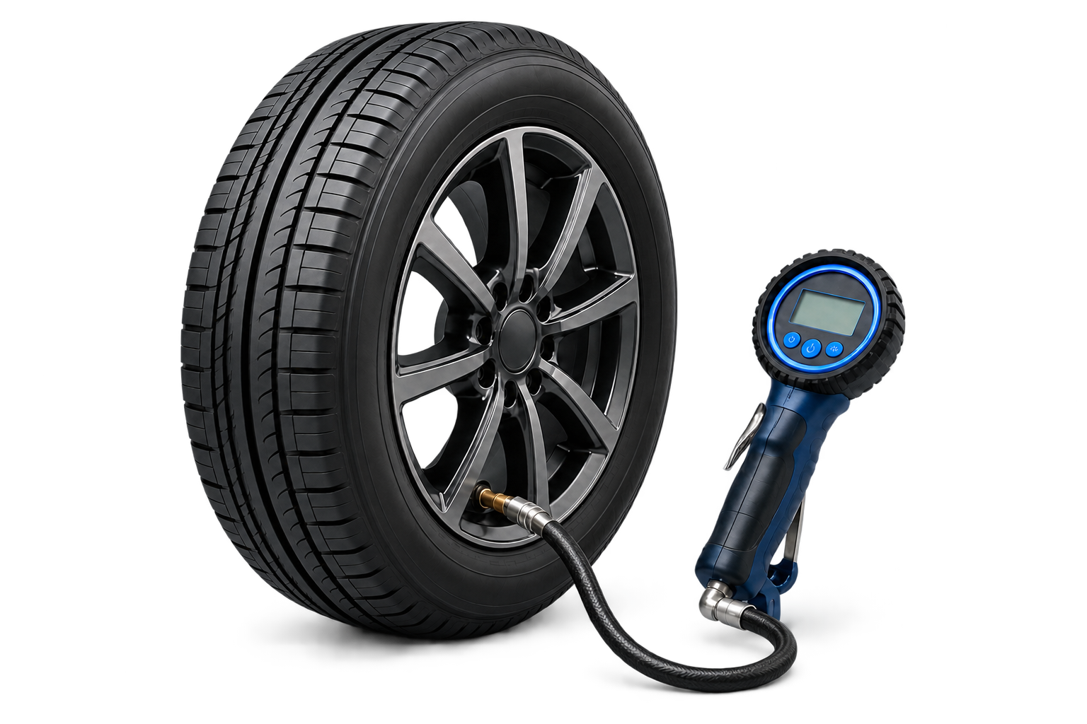 Car tyre connected to a digital tyre pressure inflator
