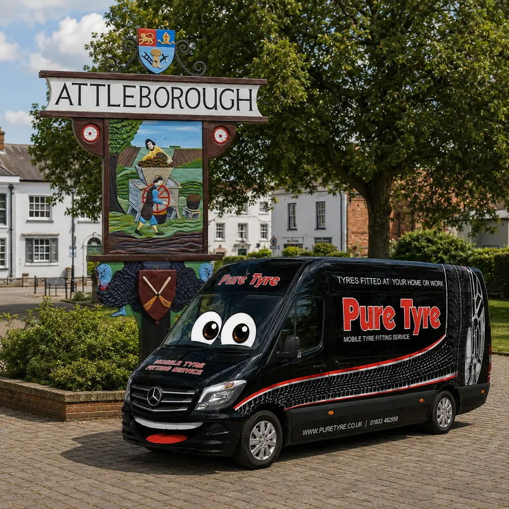 Pure Tyre mobile tyre fitting van beside the Attleborough town sign