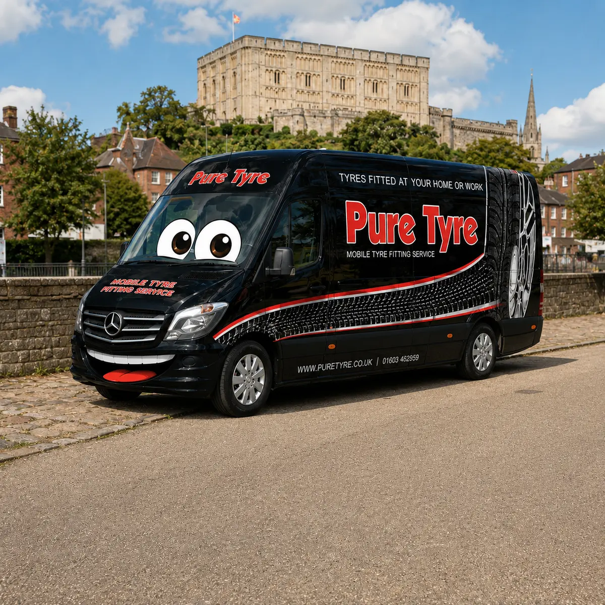 Pure Tyre mobile tyre fitting van in Norwich with Norwich Castle in the background