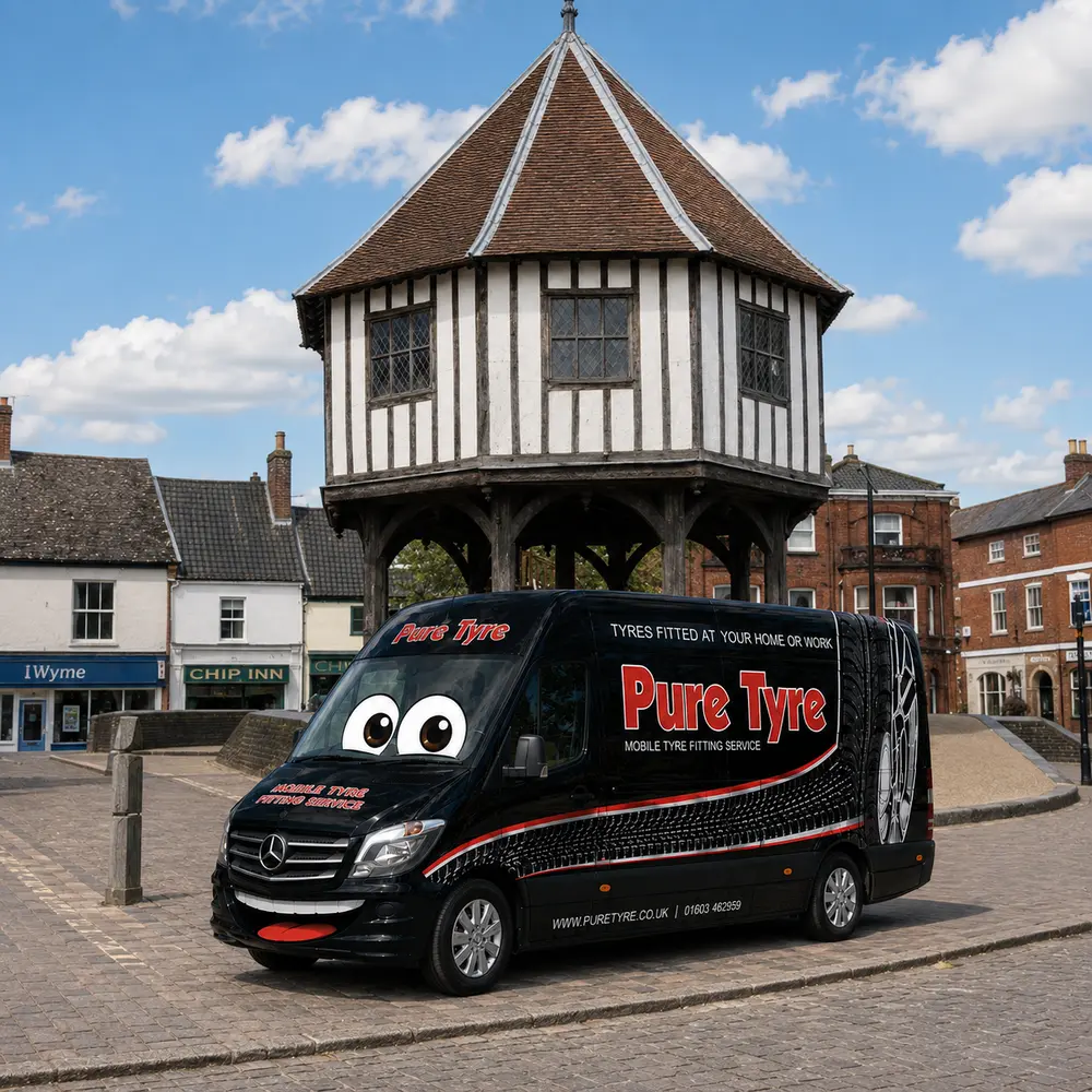 Pure Tyre mobile tyre fitting van by Wymondham Market Cross
