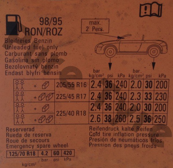 Audi TT 1999 to 2006 Tyre Pressure Placard