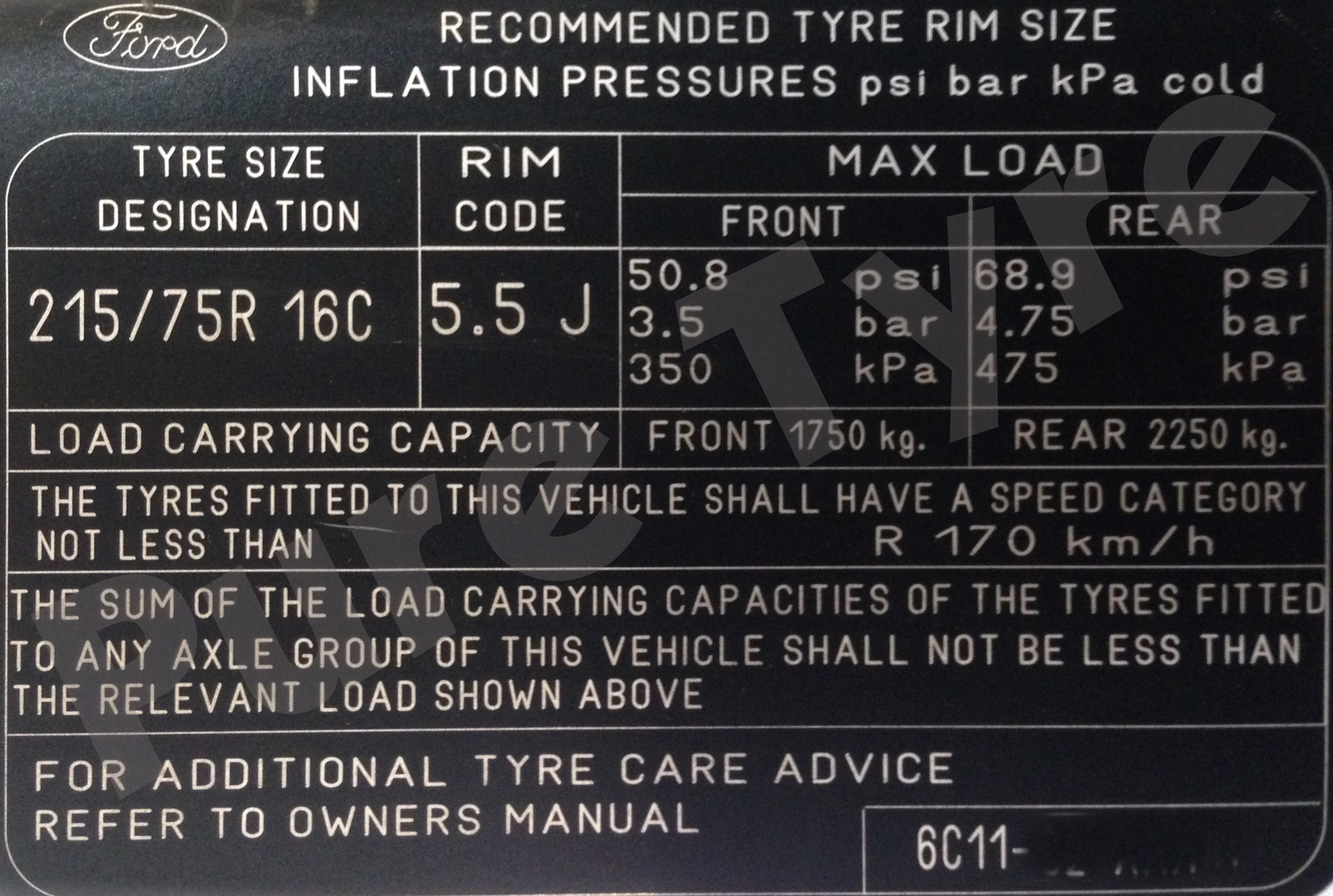 Ford Transit (00 13) Tyre Pressure Placard Sticker