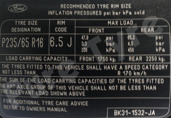 Ford Transit Tyre Pressure Placard