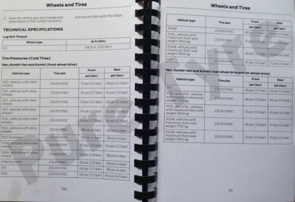 Ford Transit Tyre Pressure booklet