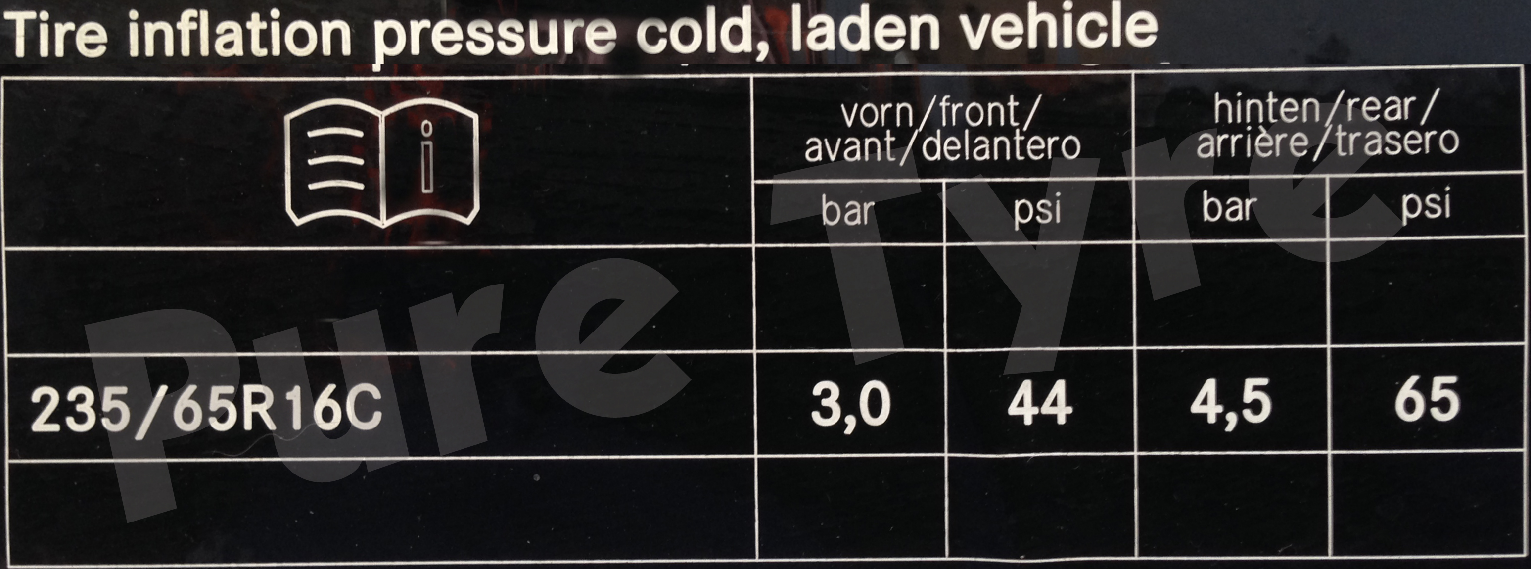 Mercedes Sprinter (906) Tyre Pressure Placard Pure Tyre 01603 462959