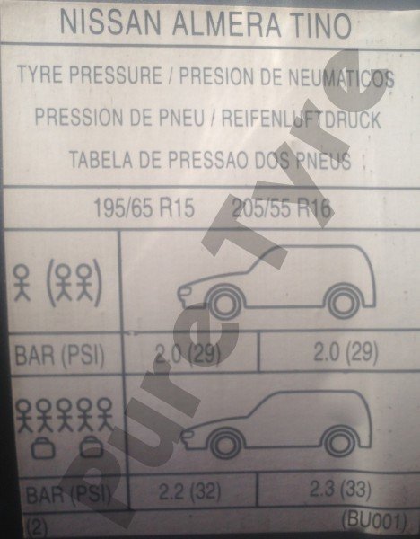 Nissan Almera Tino Tyre Pressure Placard