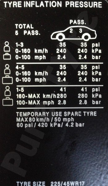 Saab 95 tyre pressure placard
