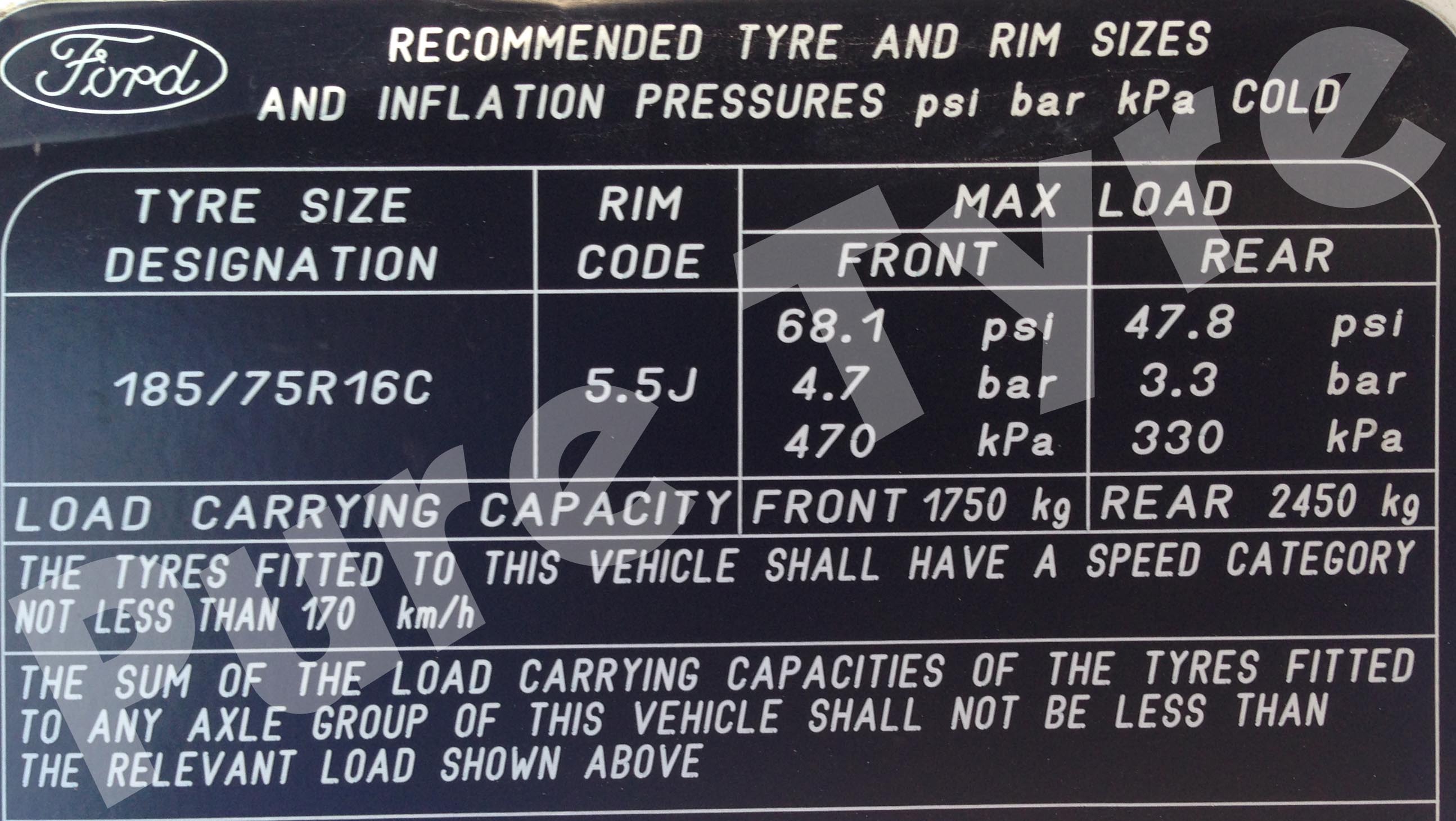 Ford Transit 18575R16 Twin Rear Wheels Tyre Pressure ...