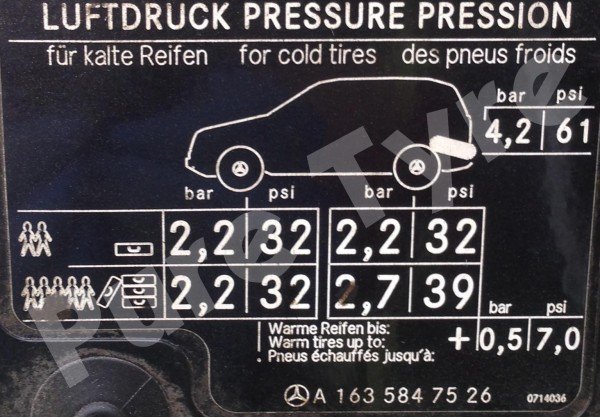 Mercedes M class (163) Tyre Pressure Placard