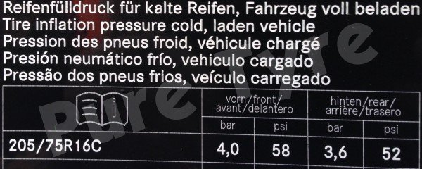 Mercedes Sprinter Twin Rear wheels 20575R16 Tyre Pressure Placard
