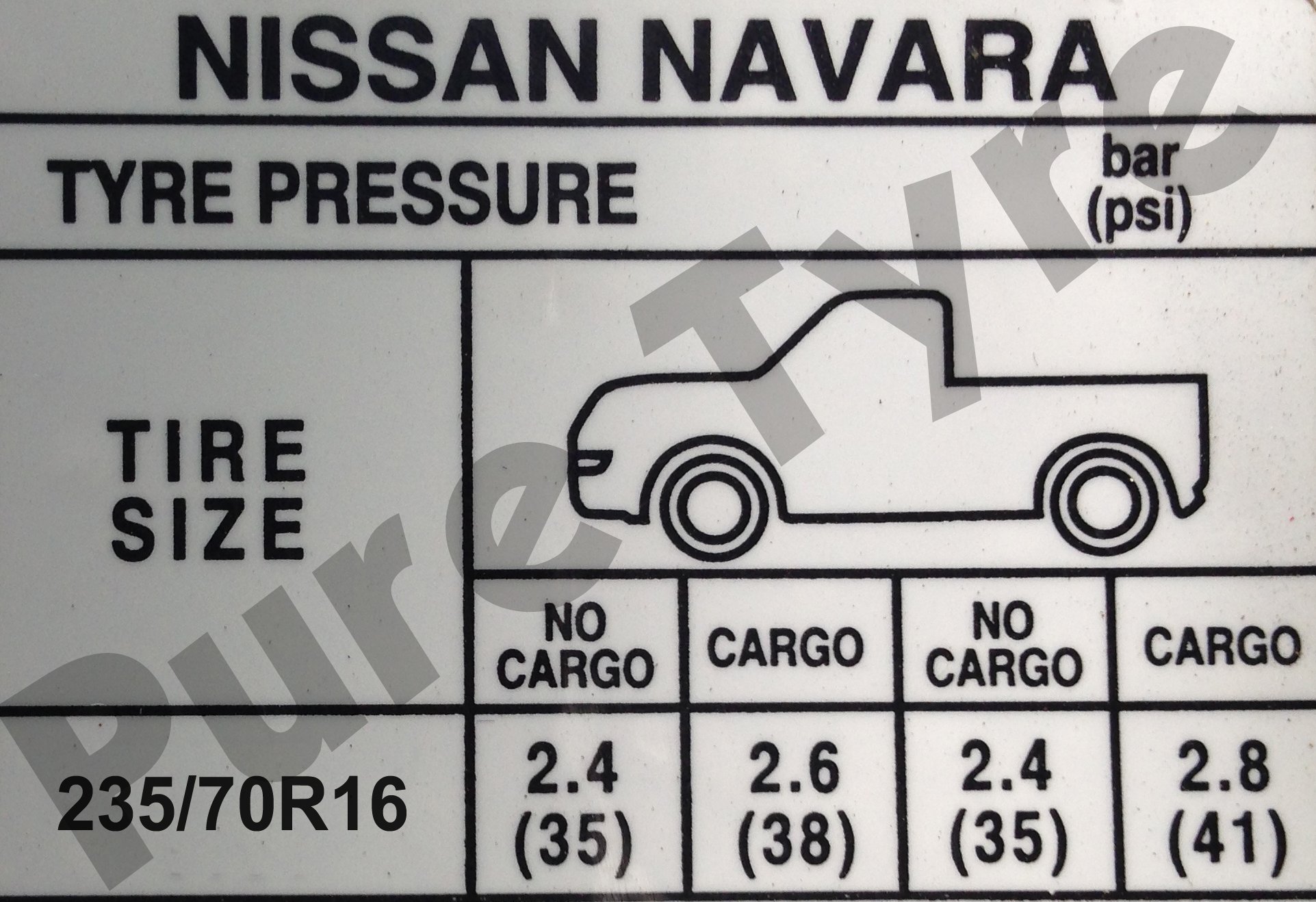 Nissan Navara (D40) 23570R16 Tyre Pressure Placard Pure Tyre 01603 462959