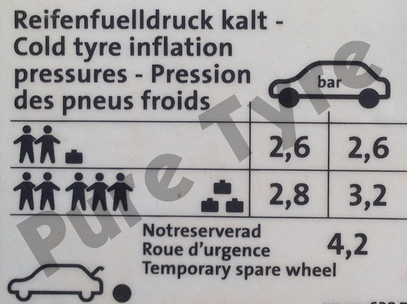 Volkswagen Golf 22540R18 Tyre Pressure Placard Pure Tyre 01603 462959