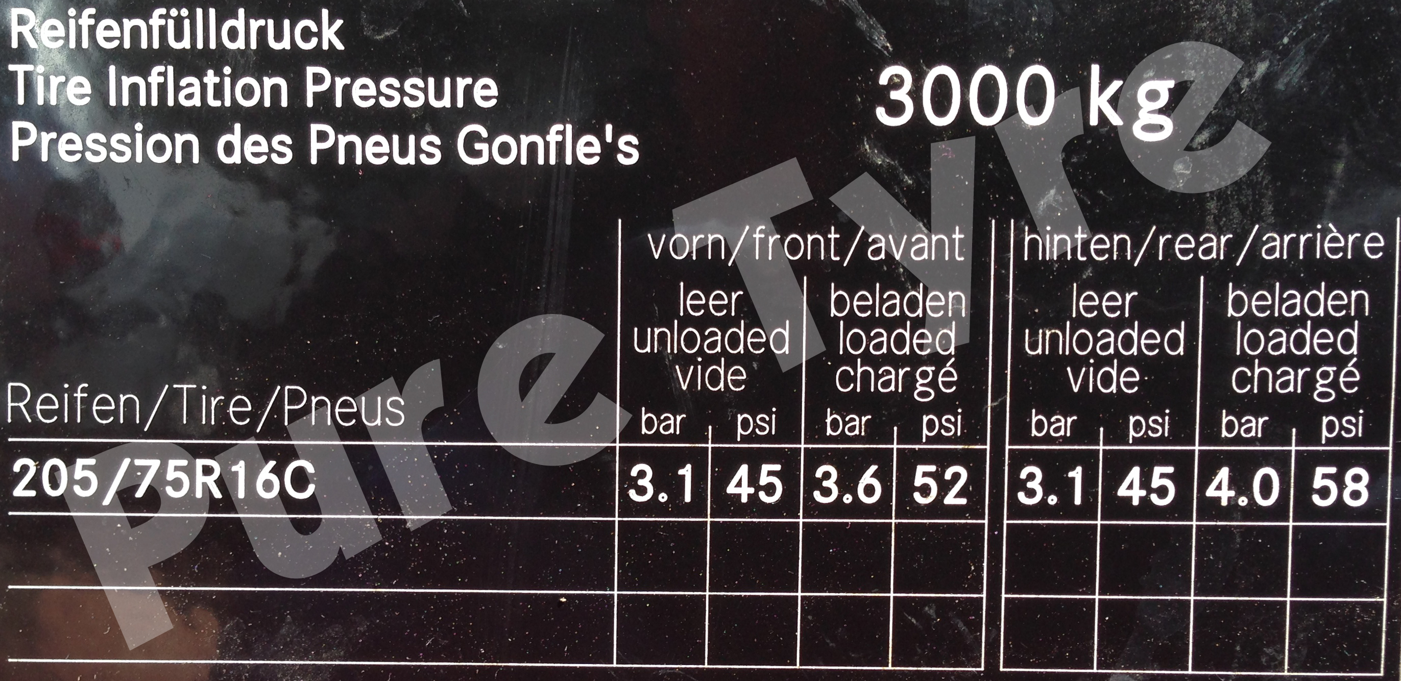 Mercedes Sprinter 2057516 Tyre Pressure Placard Pure Tyre 01603 462959