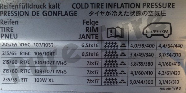 Volkswagen Transporter Tyre Pressure Placard