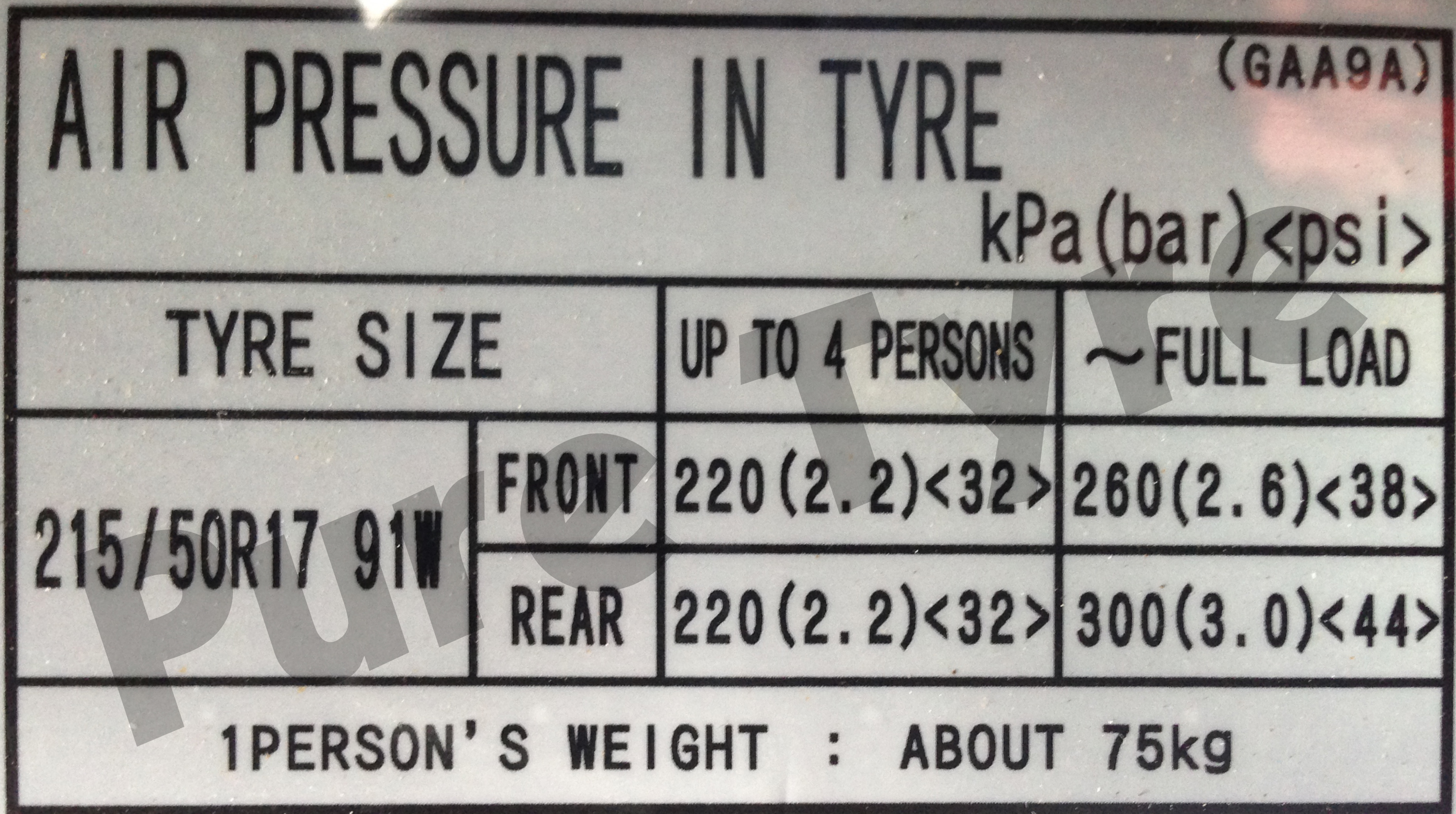 Mazda 6 2155017 Tyre Pressure Placard Pure Tyre 01603 462959