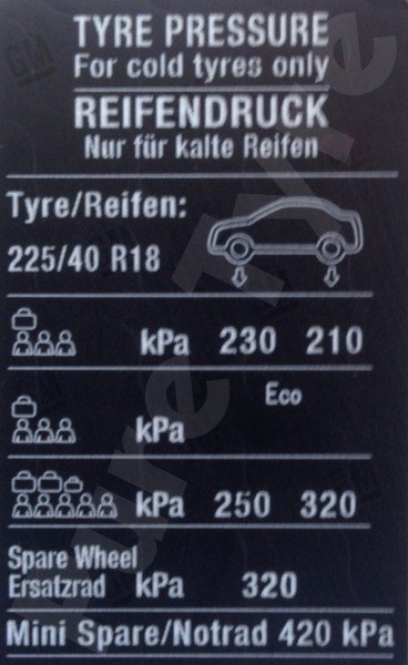 2010 on Vauxhall Meriva Tyre Pressure Placard