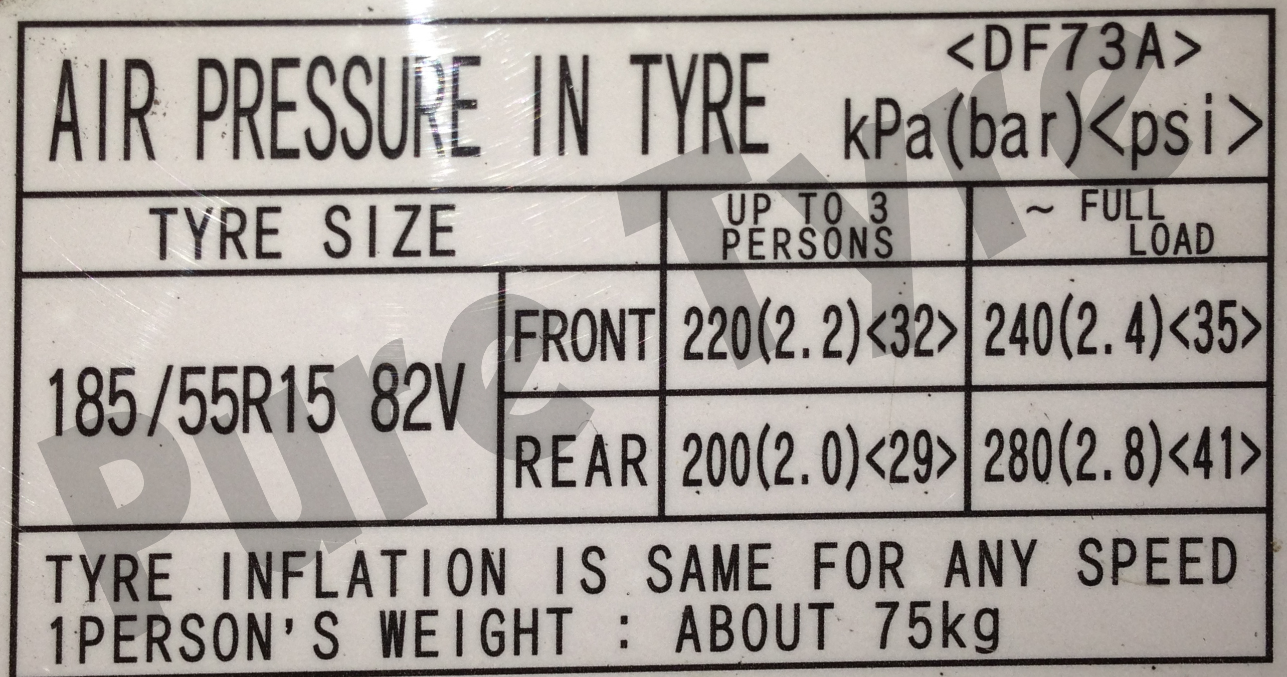 Mazda 2 18555R15 Tyre Pressure Placard Pure Tyre 01603 462959