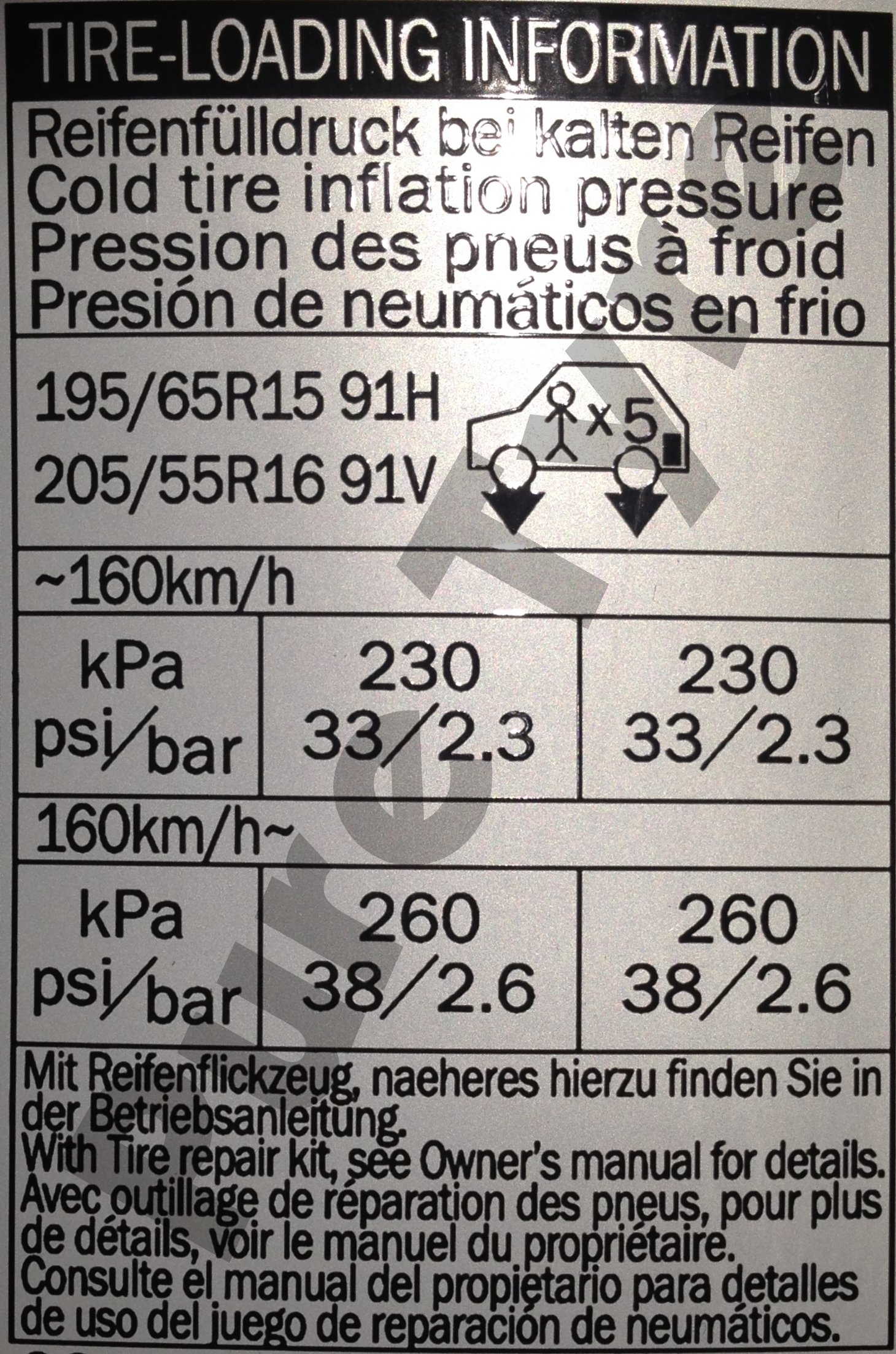 Toyota Auris Tyre Pressure Placard Pure Tyre 01603 462959