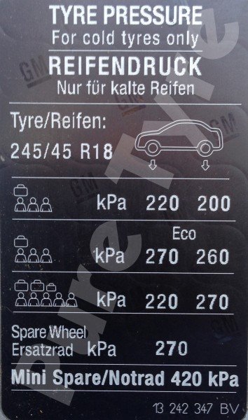 Vauxhall Insignia 24545R18 Tyre Pressure Placard