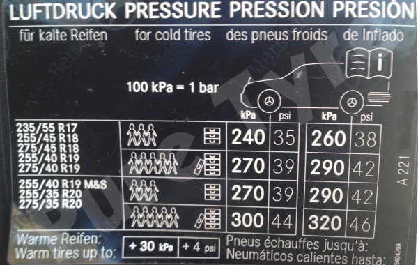 Mercedes S – Class (221) Tyre Pressure Placard