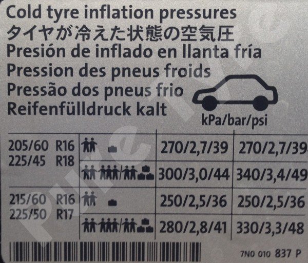 Seat Alhambra 2010 on Tyre Pressure Placard