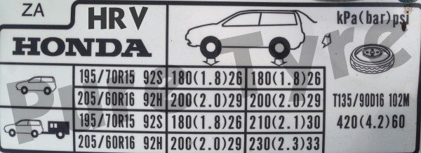 Honda HRV Tyre Pressure Placard