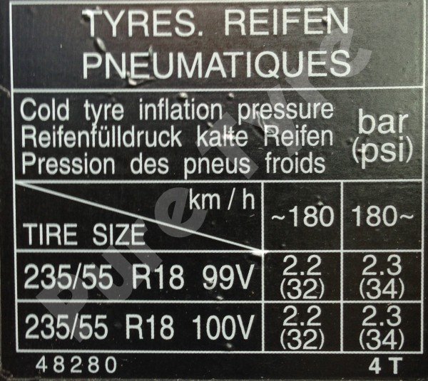 Lexus RX400 Tyre Pressure Placard 235 55R18
