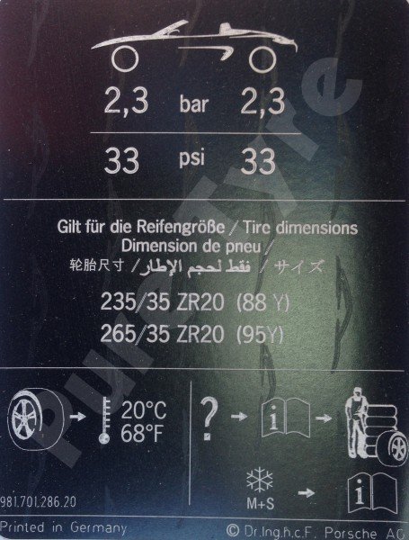 Porsche boxer tyre pressure placard