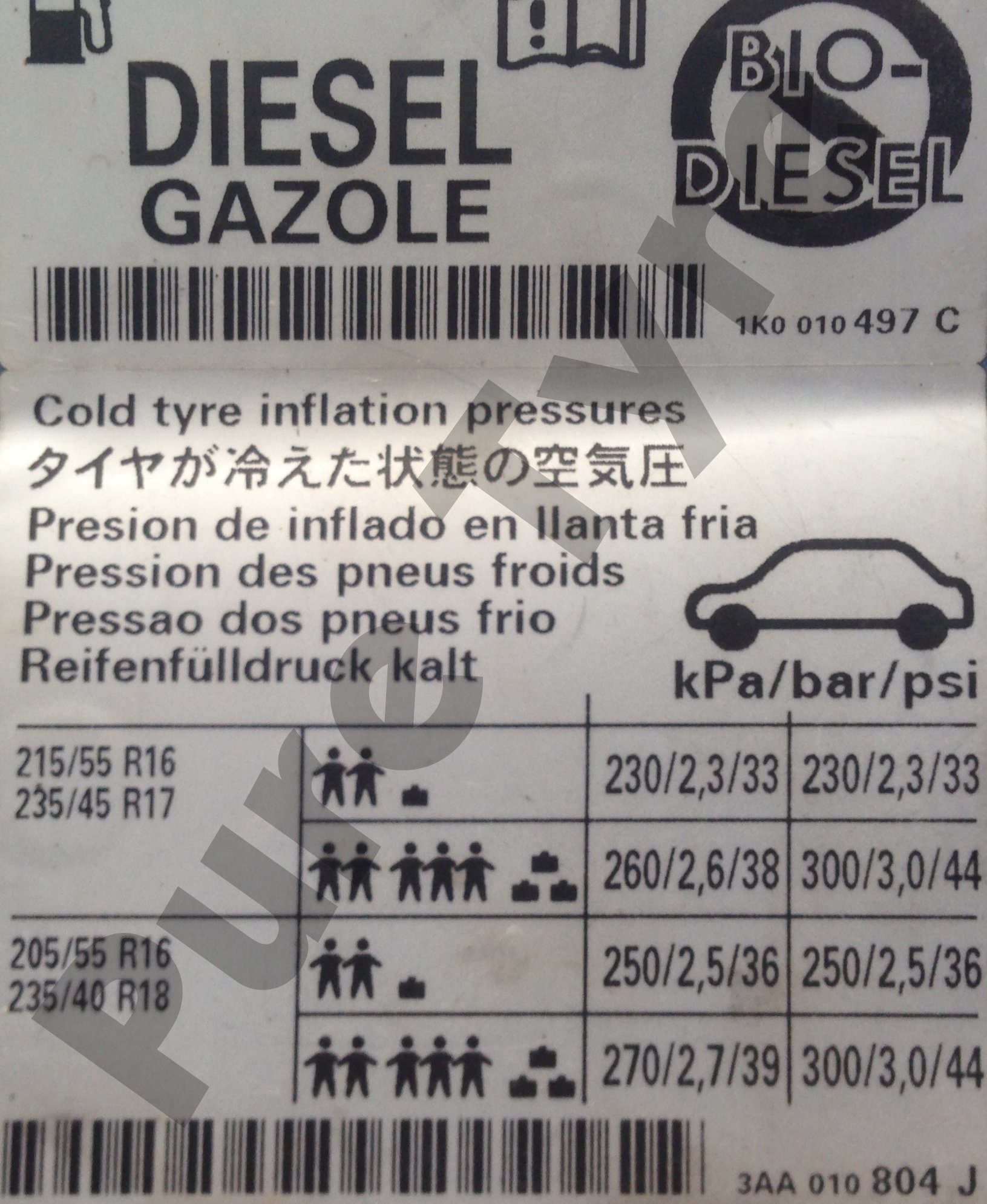 VW Passat Tyre Pressure Placard Pure Tyre 01603 462959