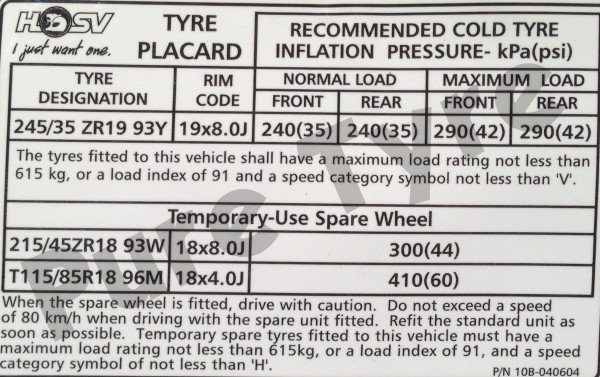 Vauxhall Monaro Tyre Pressure Placard