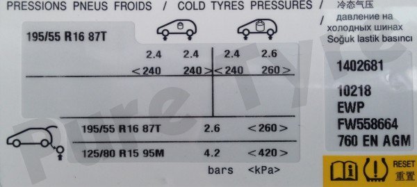 Citroen DS3 19555R16 Tyre Pressure Placard
