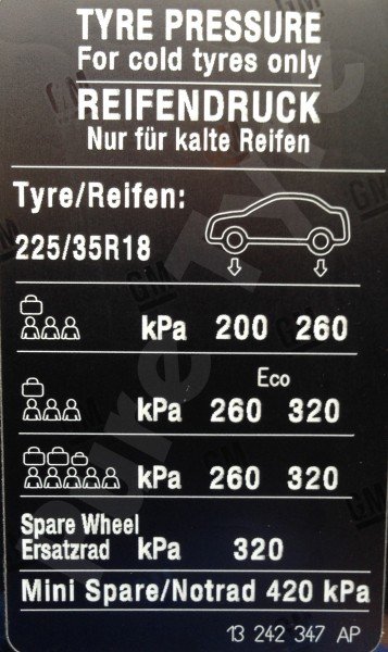 Vauxhall Adam 22535R18 Tyre Pressure Placard