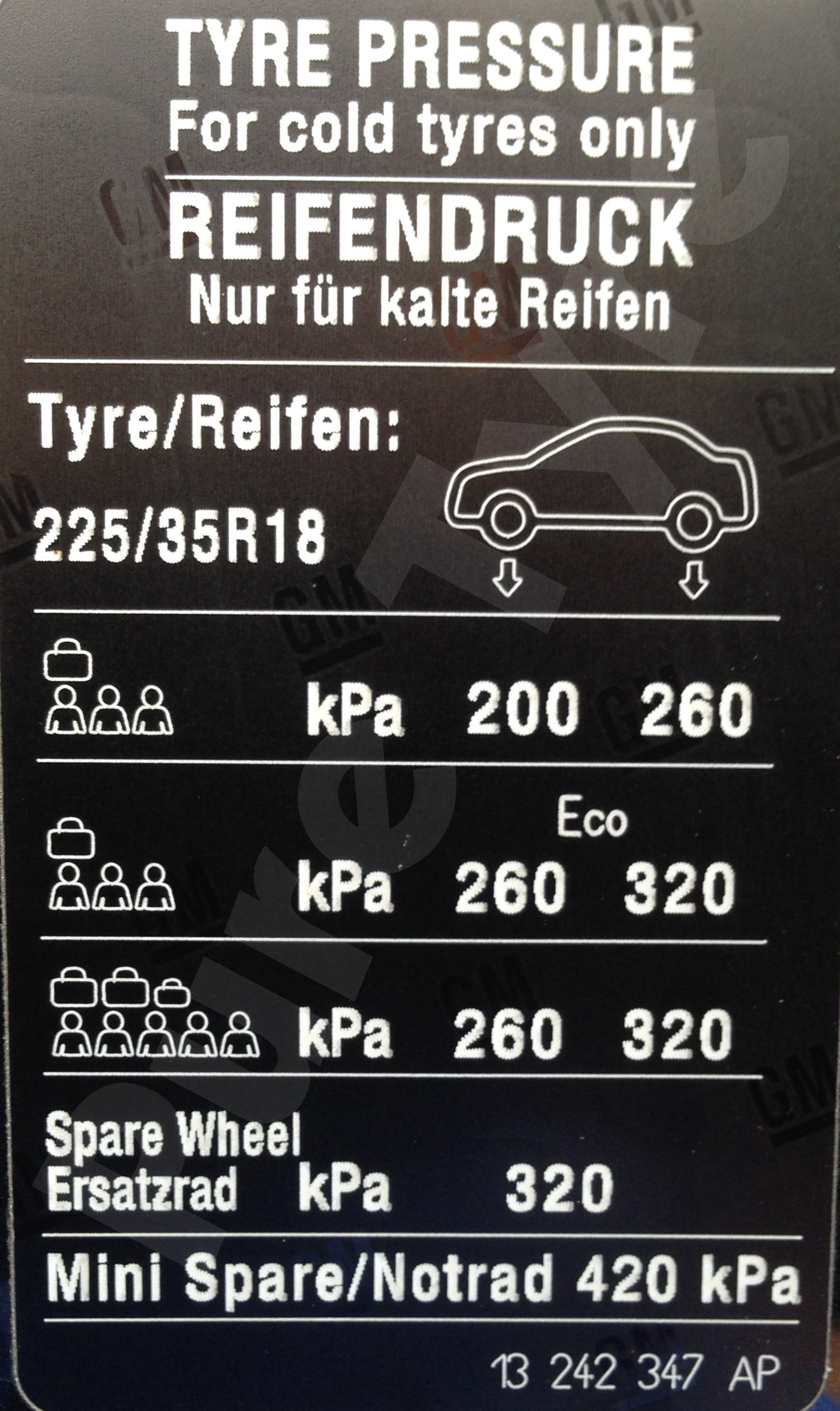Vauxhall Adam 22535R18 Tyre Pressure Placard Pure Tyre 01603 462959 Vauxhall Adam 22535R18 Tyre Pressure Placard Pure Tyre 01603 462959