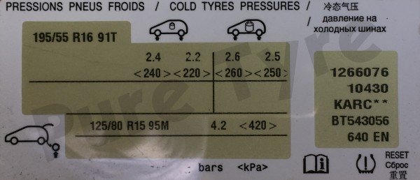 Citroen C3 Picasso Tyre Pressure Placard 19555R16