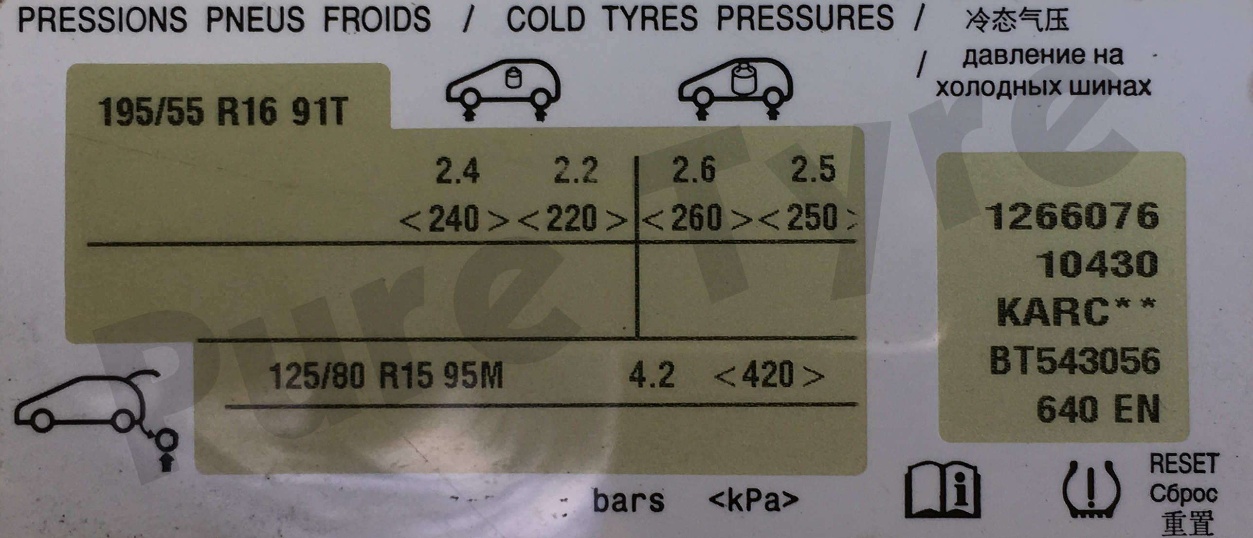 Citroen C3 Picasso Tyre Pressure Placard 19555R16 Pure Tyre 01603 462959