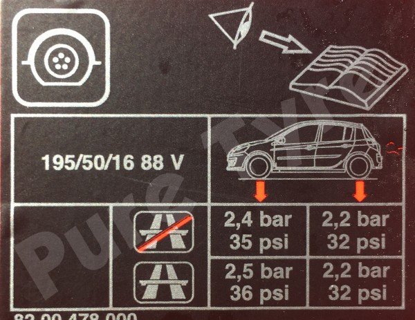 Renault Clio Tyre Pressure Placard