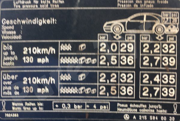 Mercedes CL (215) Tyre Pressure Placard
