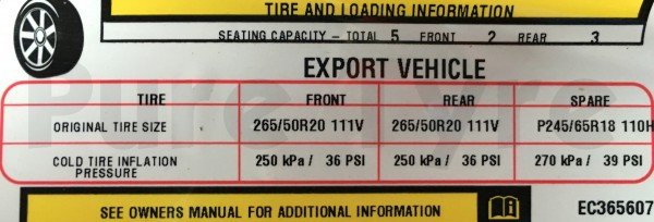 Jeep Grand Cherokee 2011 on Tyre Pressure Placard