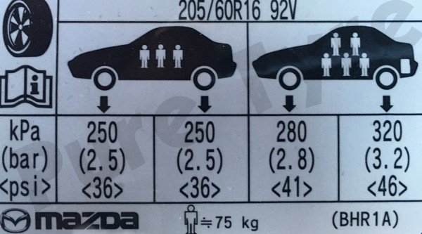 Mazda 3 20560R16 Tyre Pressure Placard