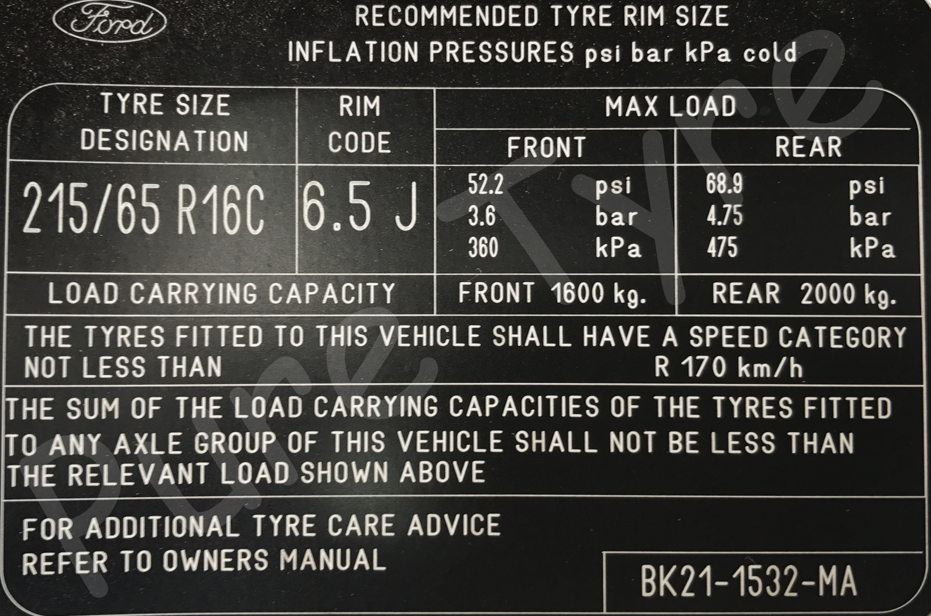 Ford Transit Tyre Pressure Placard